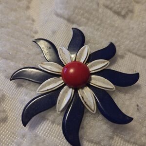 Vintage Patriotic Flower Enamel Brooch Pin Red White Blue Mod Statement